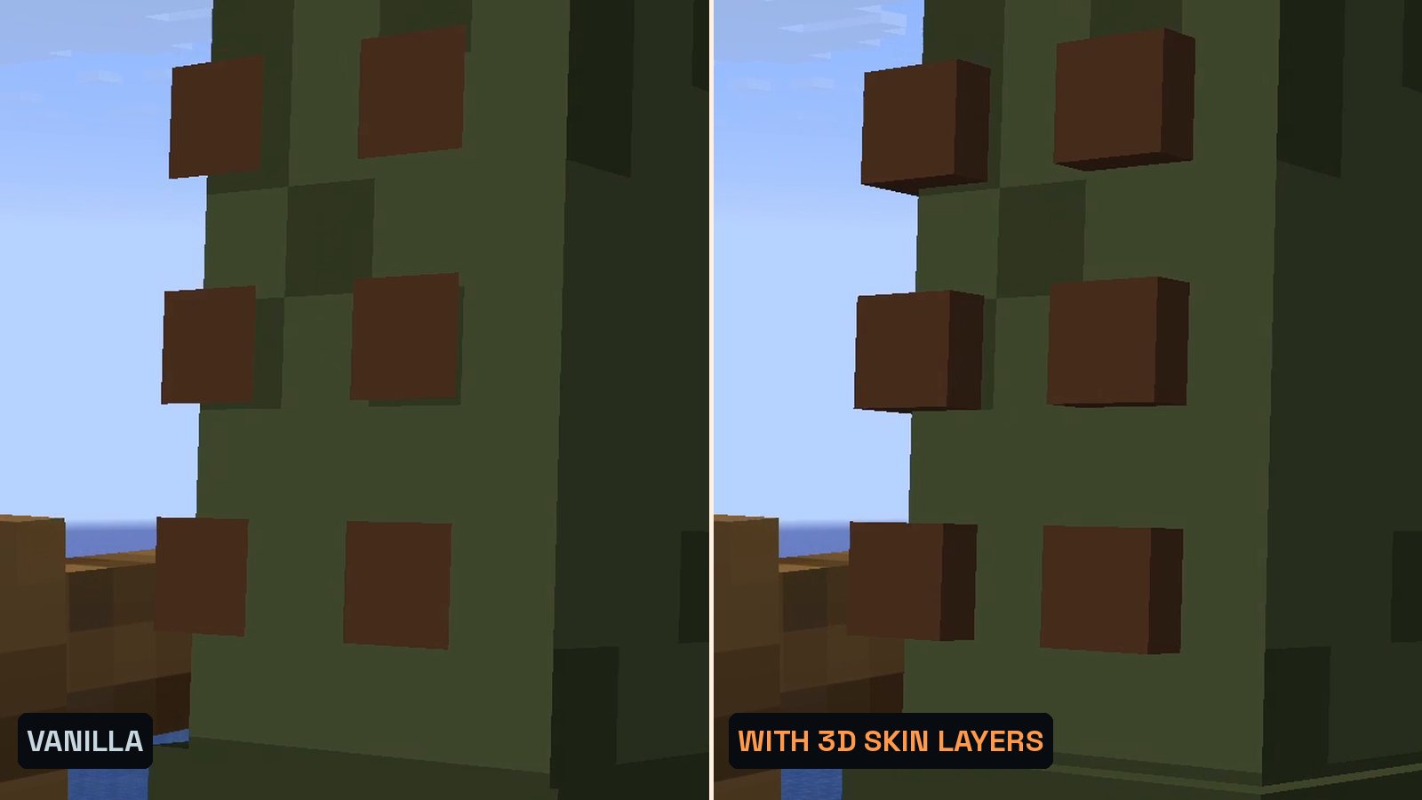Split Minecraft screenshot of the same close-up of a player skin: left vanilla with a flat outer layer, right with 3D Skin Layers where scarf and belt stand out in 3D