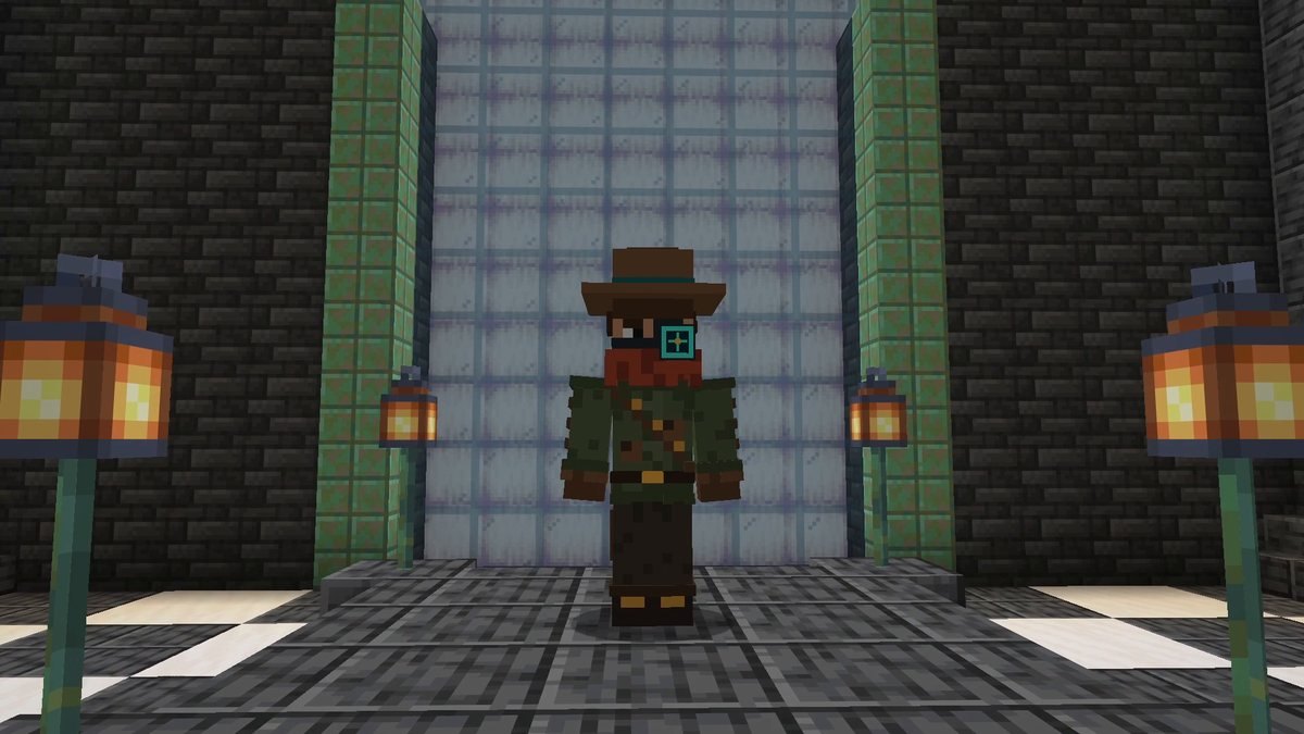 The Mod Hunter in front of the block archive, a hall of glass and stone in the channel world