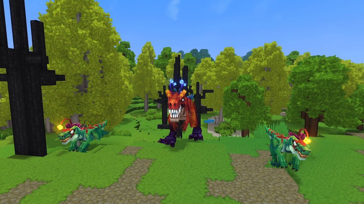 Hytale forest with dinosaur-like creatures in front of a dark dead tree