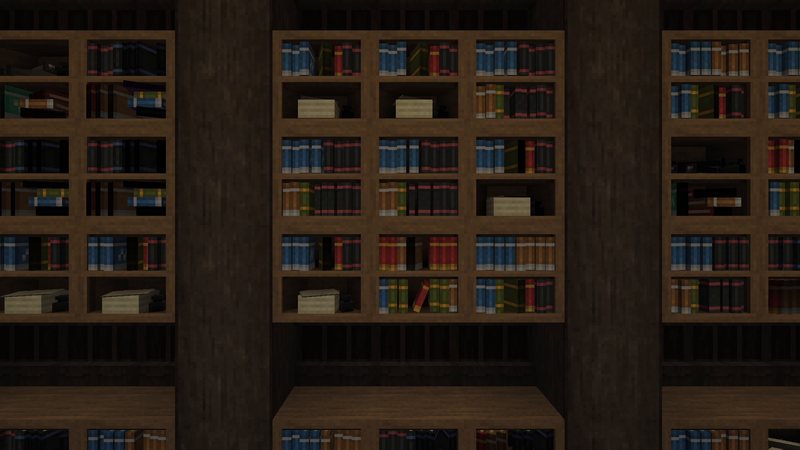 Split Minecraft screenshot of a library wall with workshop blocks: left half vanilla, right half with the more detailed Alacrity textures