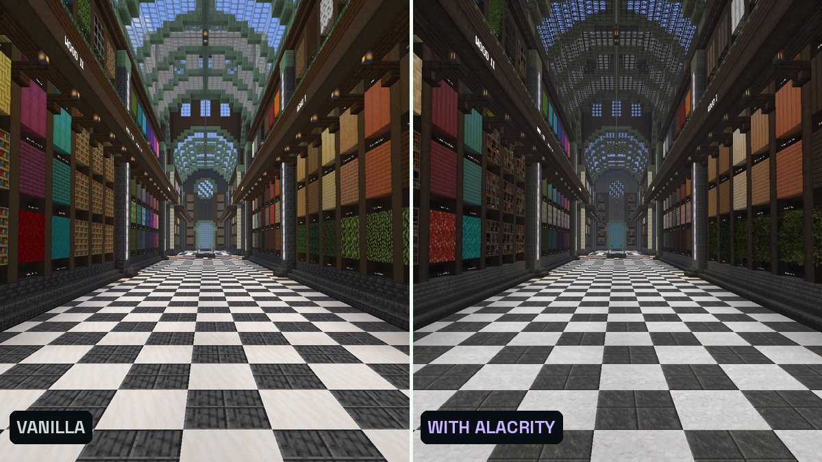 Two Minecraft screenshots side by side of a long library hall with block walls