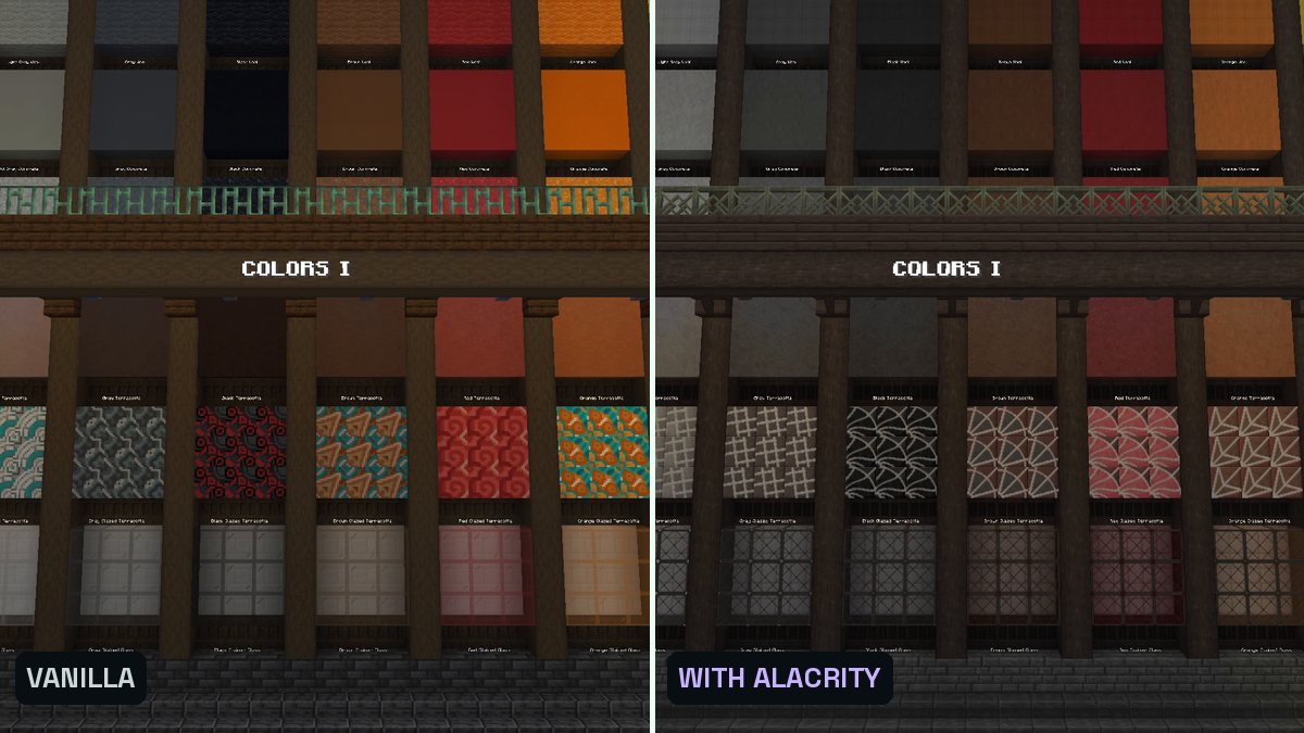 Two Minecraft screenshots side by side of colored wool, concrete and terracotta blocks
