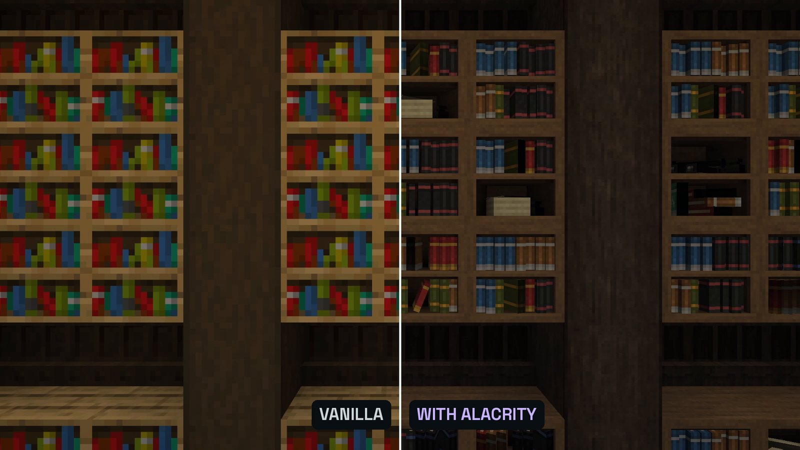 Split Minecraft screenshot of a library wall with workshop blocks: left half vanilla, right half with the more detailed Alacrity textures