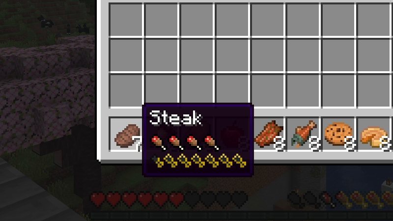 Split Minecraft screenshot of the same inventory: left the vanilla steak tooltip with only the name, right the AppleSkin tooltip with hunger and saturation icons