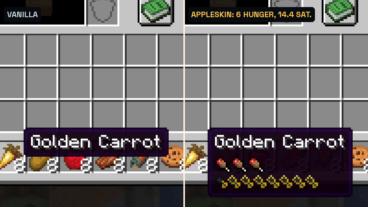 Two Minecraft inventory screenshots: a golden carrot tooltip with only the name, and one with hunger and saturation icons