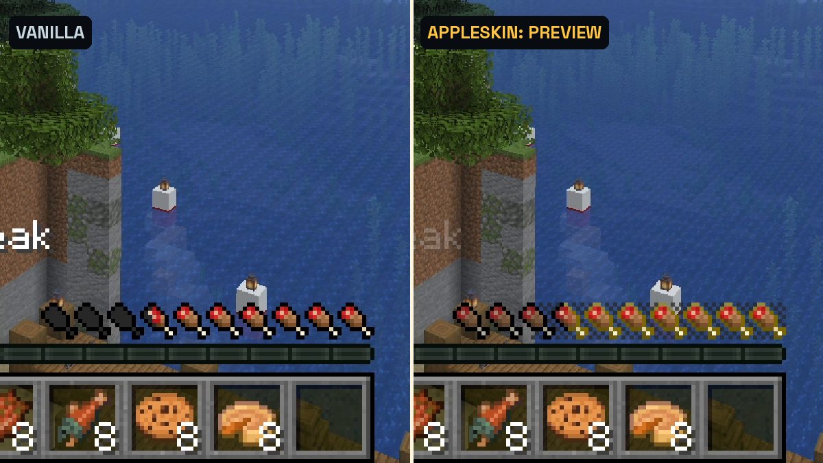 Two Minecraft screenshots of the hunger bar, the right one with flashing shanks