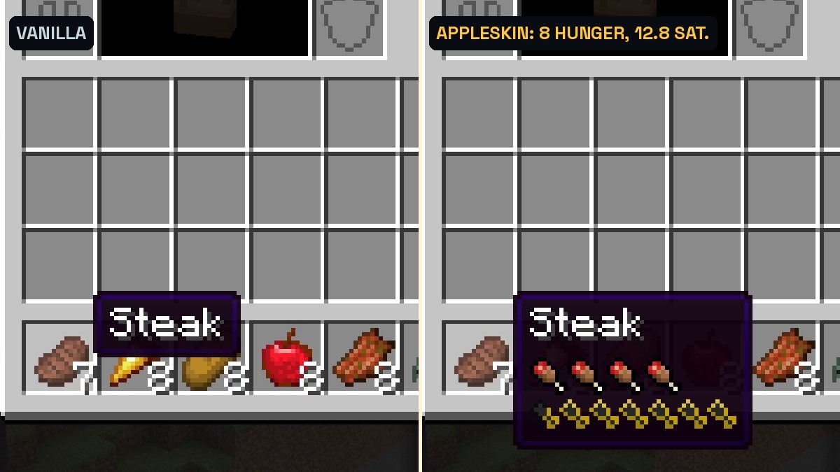 Two Minecraft inventory screenshots: a steak tooltip with only the name, and one with hunger and saturation icons