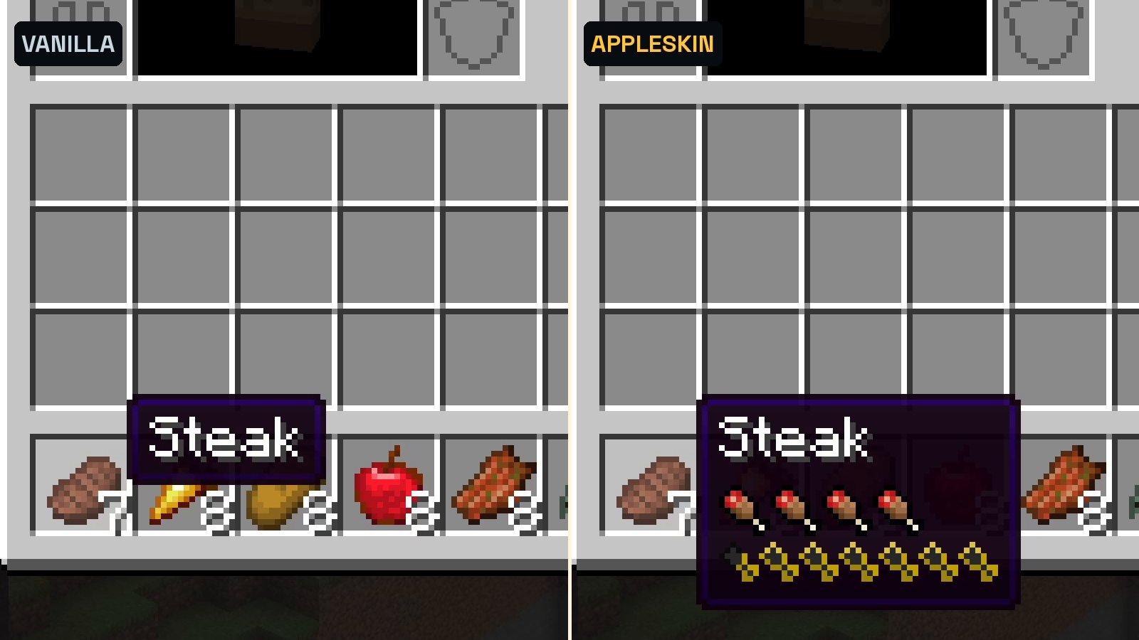 Split Minecraft screenshot of the same inventory: left the vanilla steak tooltip with only the name, right the AppleSkin tooltip with hunger and saturation icons