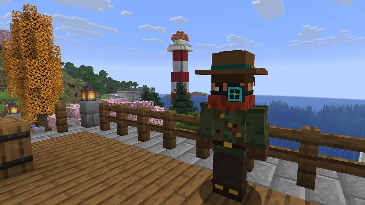 Minecraft screenshot of the Mod Hunter on a terrace above a bay with a lighthouse