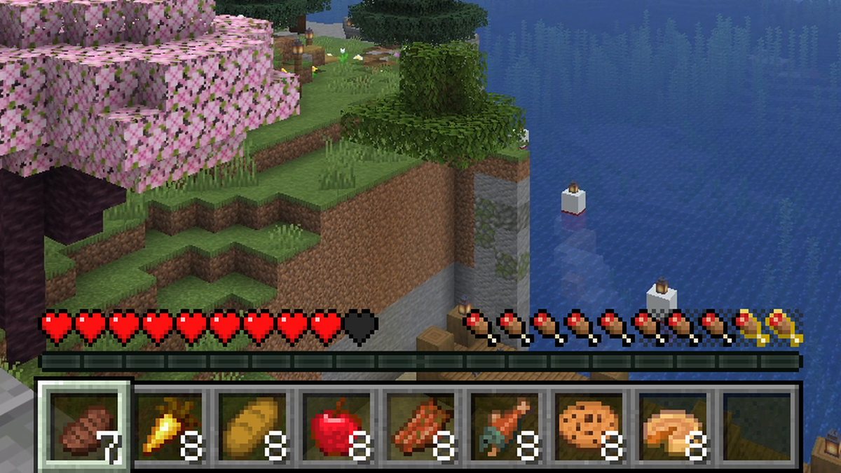 Minecraft HUD with full hearts and a hunger bar with a yellow outline on the last shanks