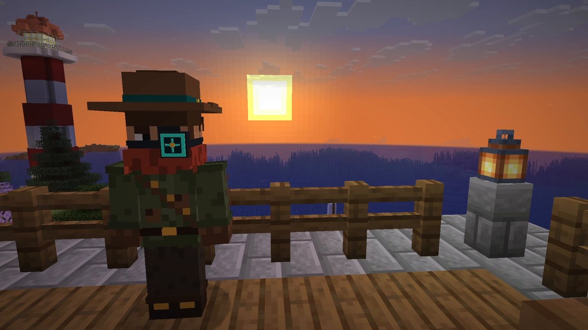 Minecraft screenshot of the Mod Hunter on a terrace at sunset