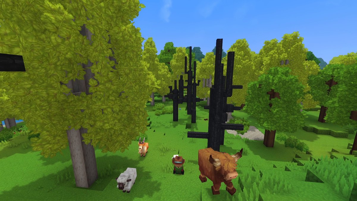Hytale screenshot: a cow, sheep, a goat and a lamb around The Mod Hunter in a forest