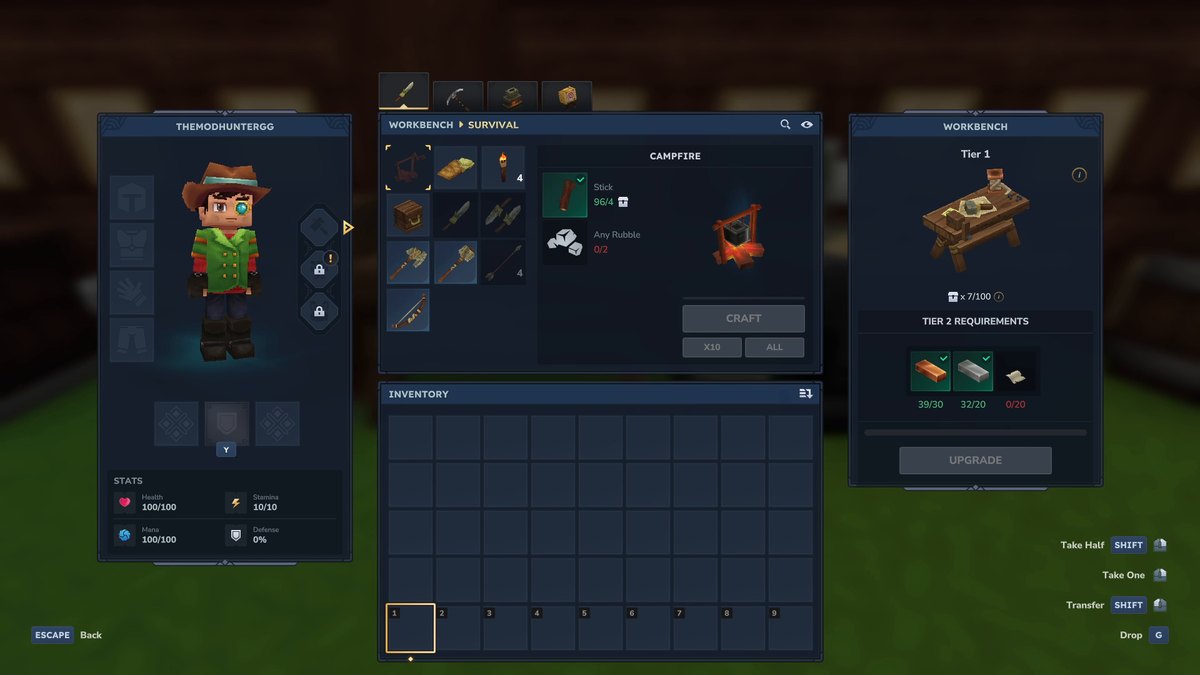 Hytale screenshot: the workbench crafting menu with an empty inventory