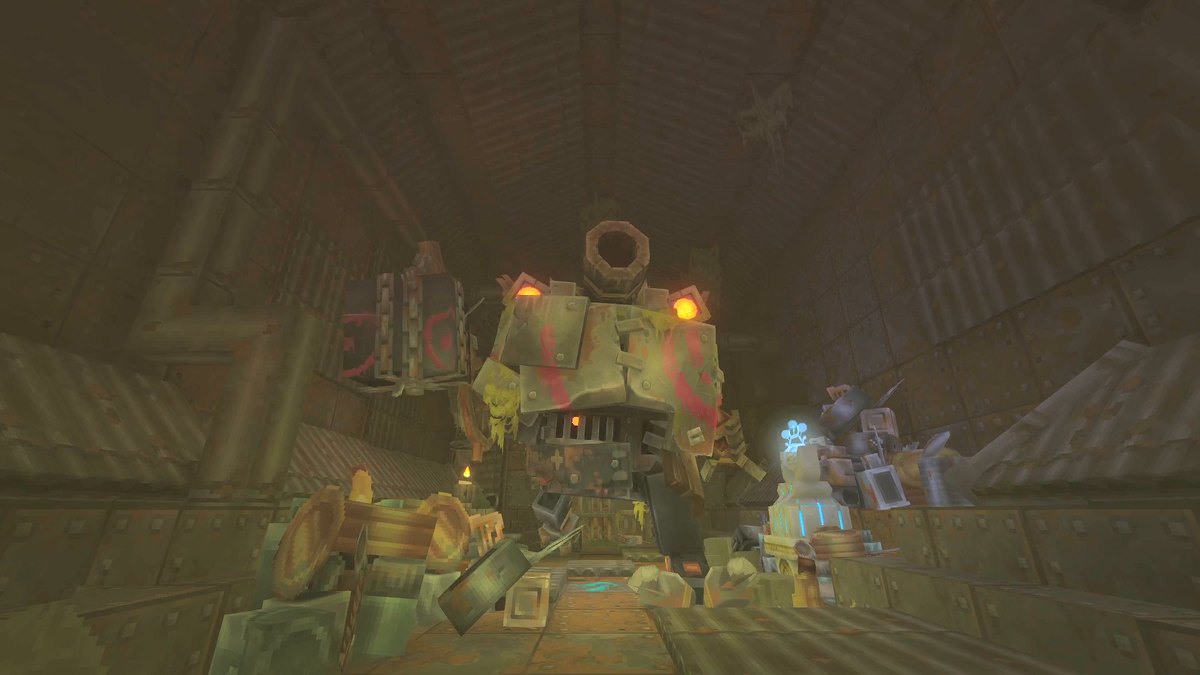 Hytale screenshot: the Gobliterator war machine in a dungeon hall