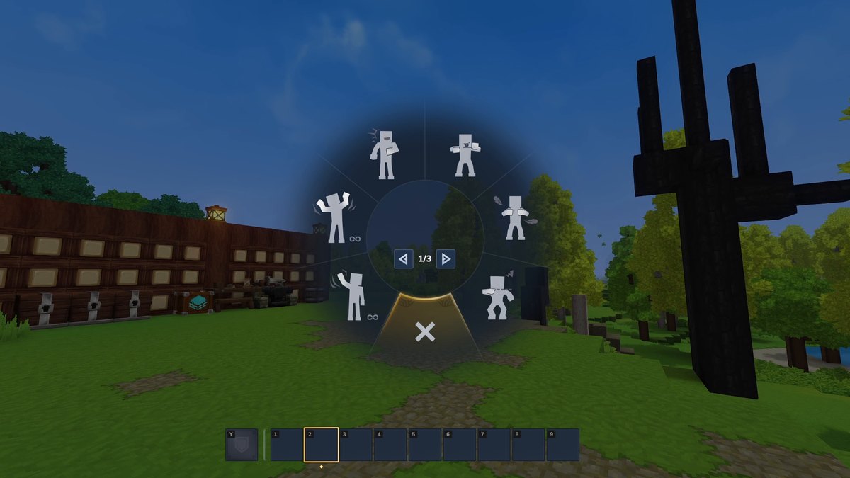 Hytale screenshot: the emote wheel with six emotes in front of a storage wall