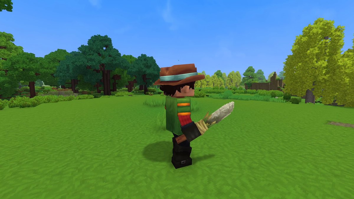 Hytale screenshot: The Mod Hunter holding a hookshot on a meadow
