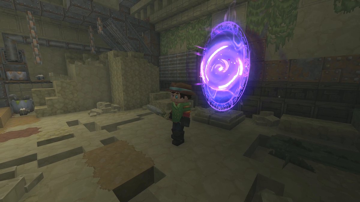Hytale screenshot: The Mod Hunter next to a purple portal in a dark ruin