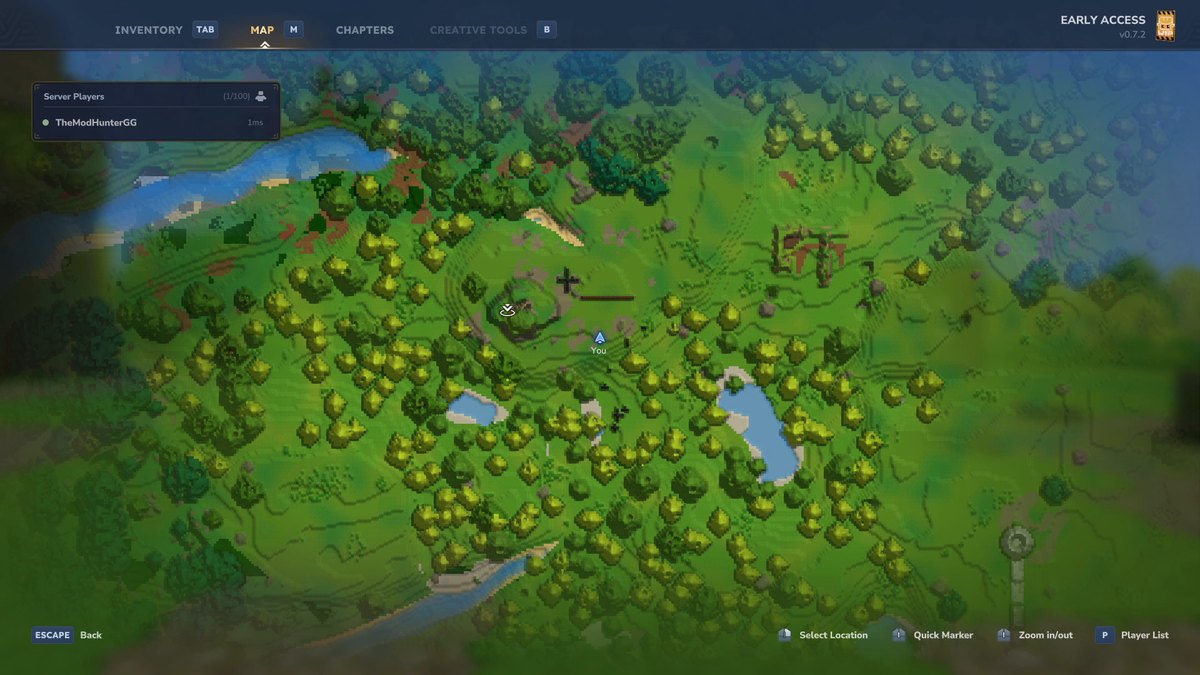 Hytale screenshot: the world map of a forest area with lakes