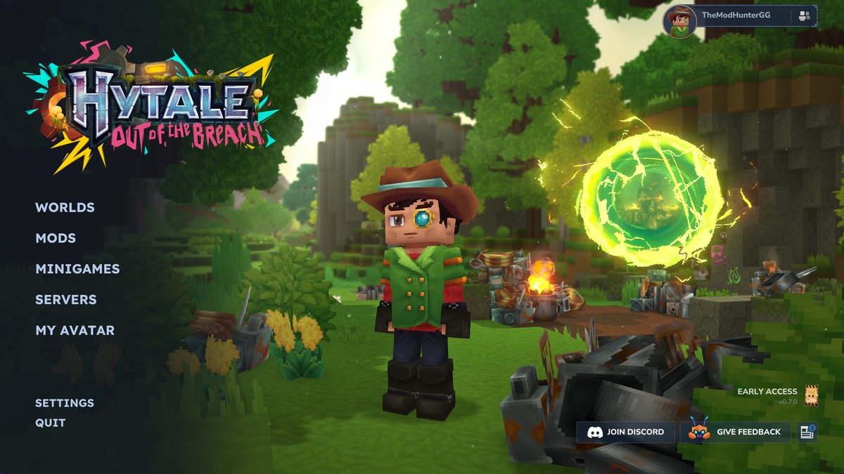Hytale main menu screenshot with a Minigames button and The Mod Hunter's avatar next to a portal