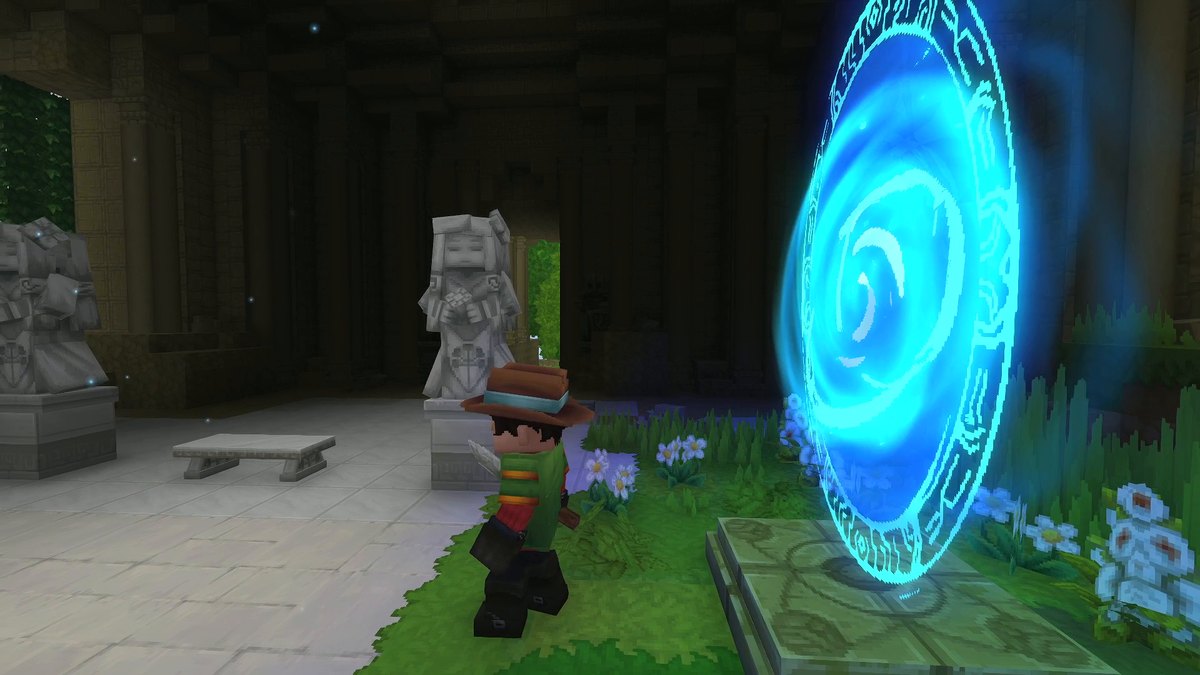 Hytale screenshot: The Mod Hunter next to a blue portal in a stone temple