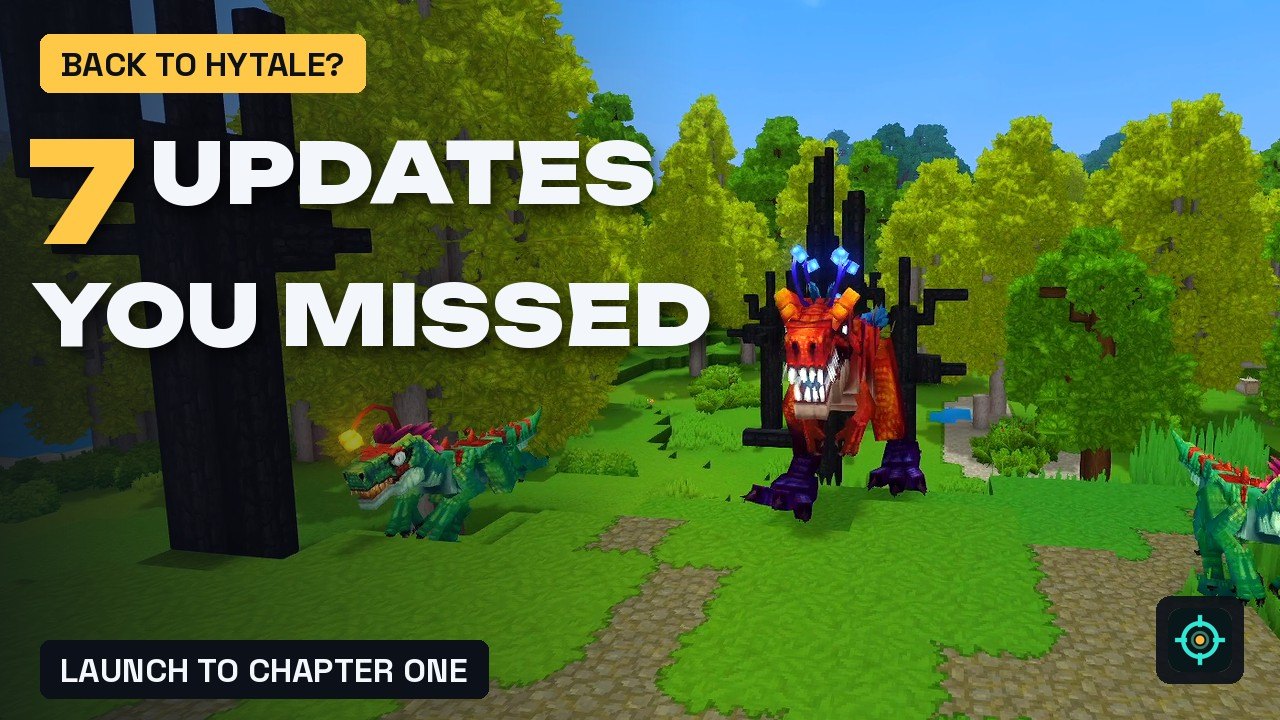 Back to Hytale thumbnail: 7 UPDATES YOU MISSED, with a cave Rex and raptors