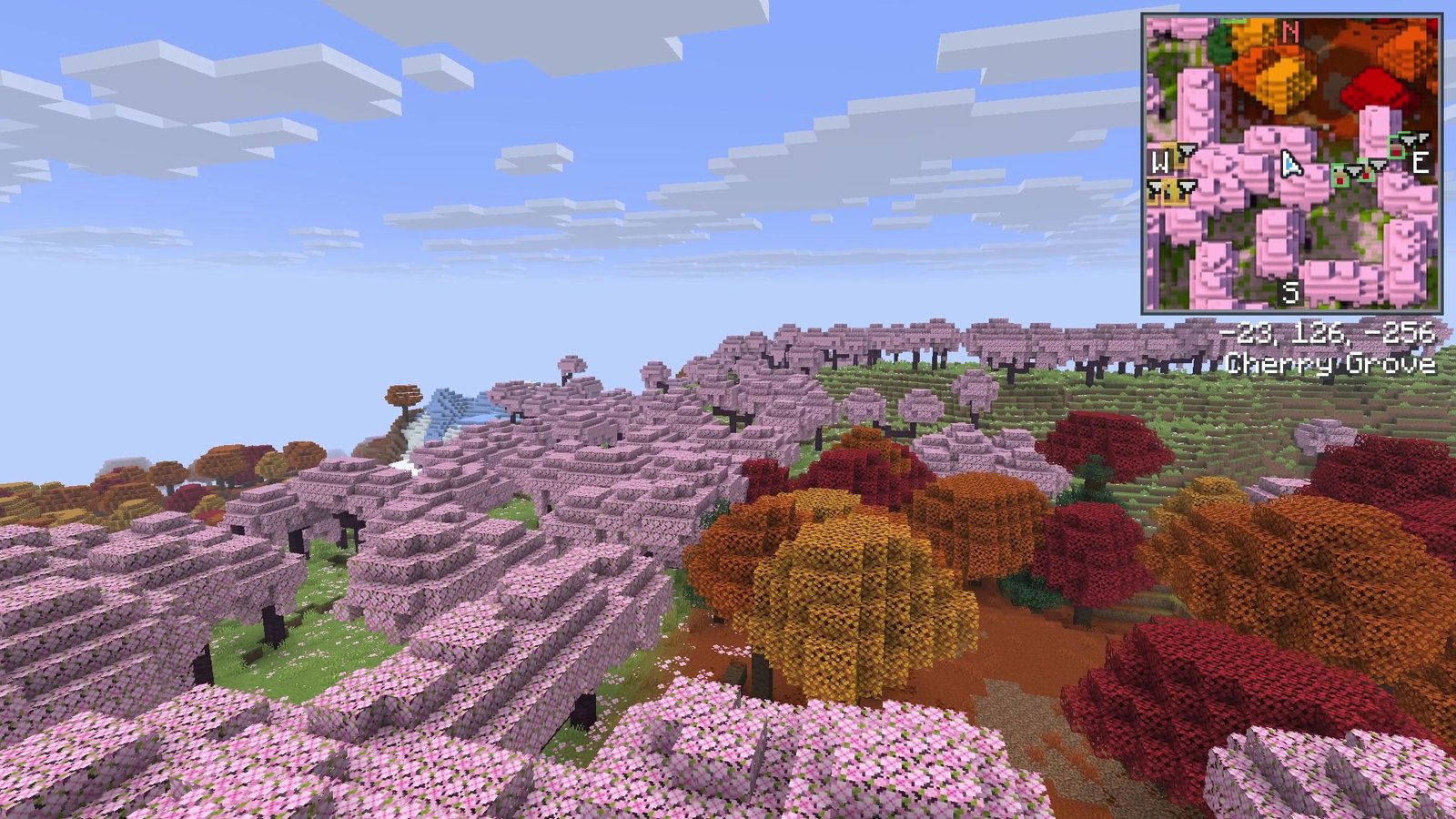 Minecraft cherry grove from above with the Diorama minimap in the corner