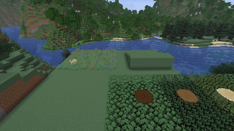 Split Minecraft screenshot from above over a build site by a river: left half vanilla, right half with all five resource packs