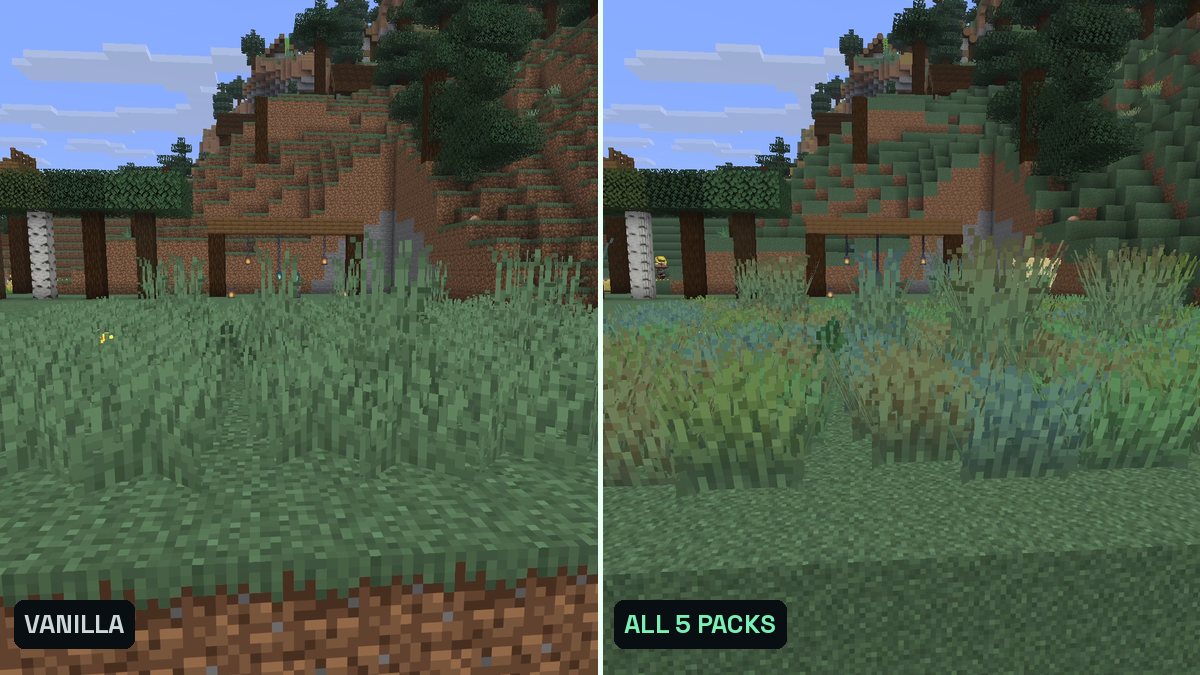 Two Minecraft screenshots side by side of a meadow, right with bushy colorful grass