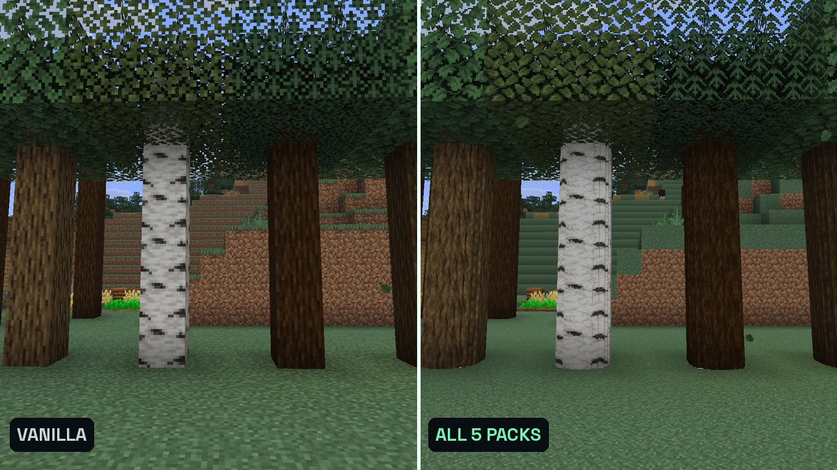 Two Minecraft screenshots side by side of tree trunks, right round