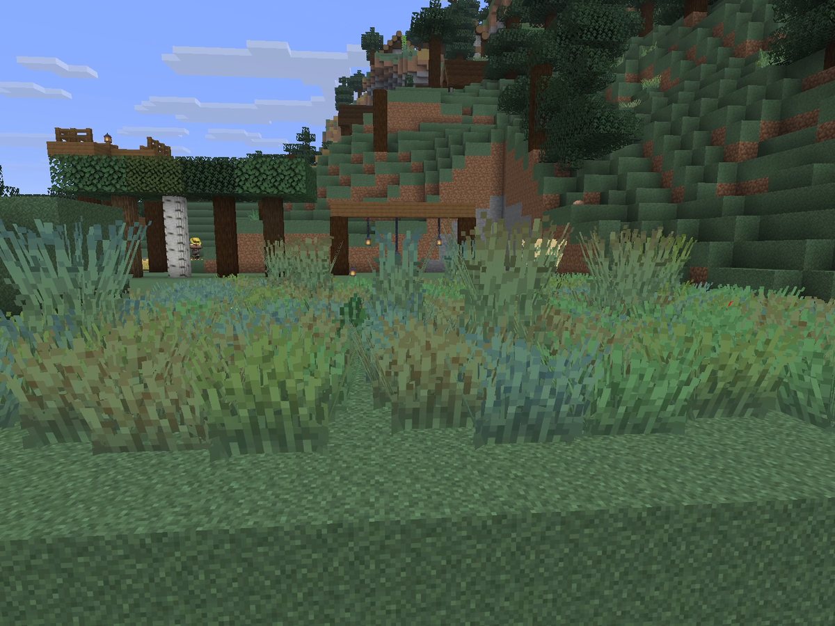 Split Minecraft screenshot from above over a build site by a river: left half vanilla, right half with all five resource packs