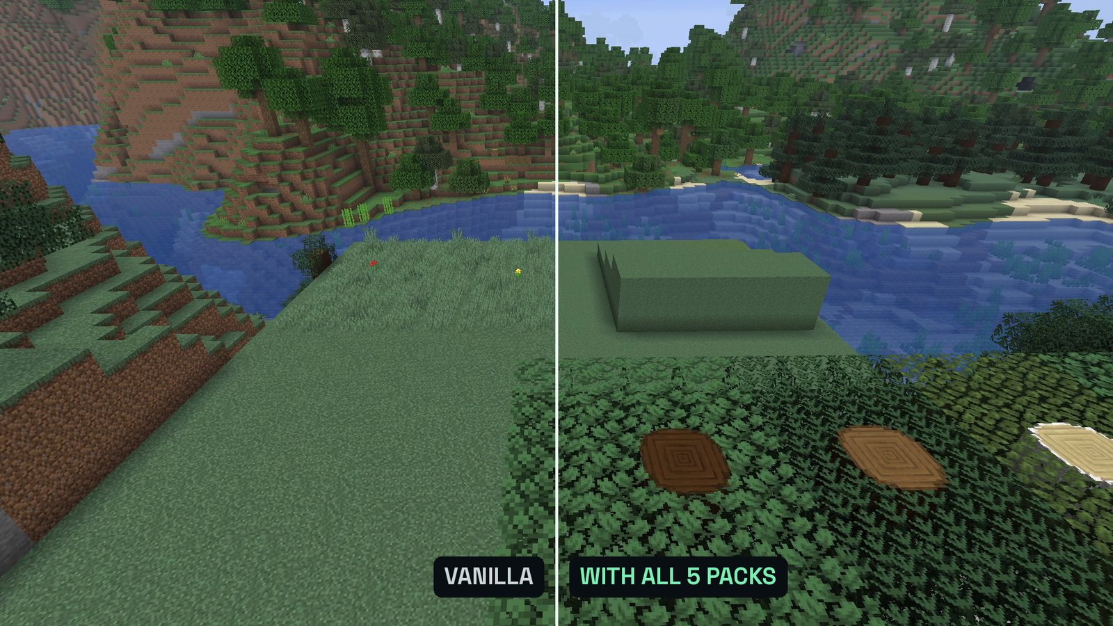 Split Minecraft screenshot from above over a build site by a river: left half vanilla, right half with all five resource packs