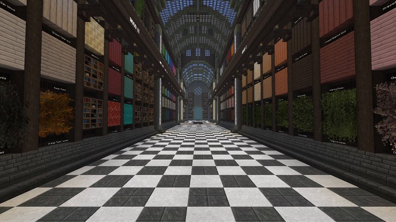Split Minecraft screenshot of a library wall full of blocks: left half vanilla, right half with a texture pack