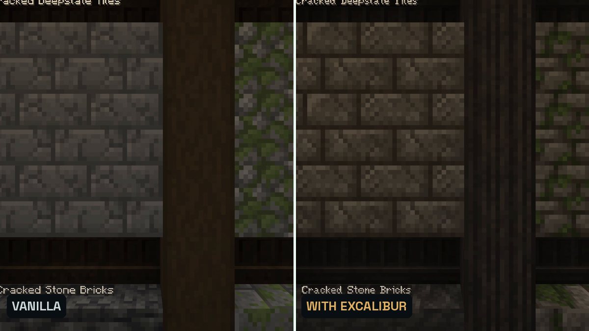 Two Minecraft screenshots side by side of a wall of stone blocks, right with darker medieval textures