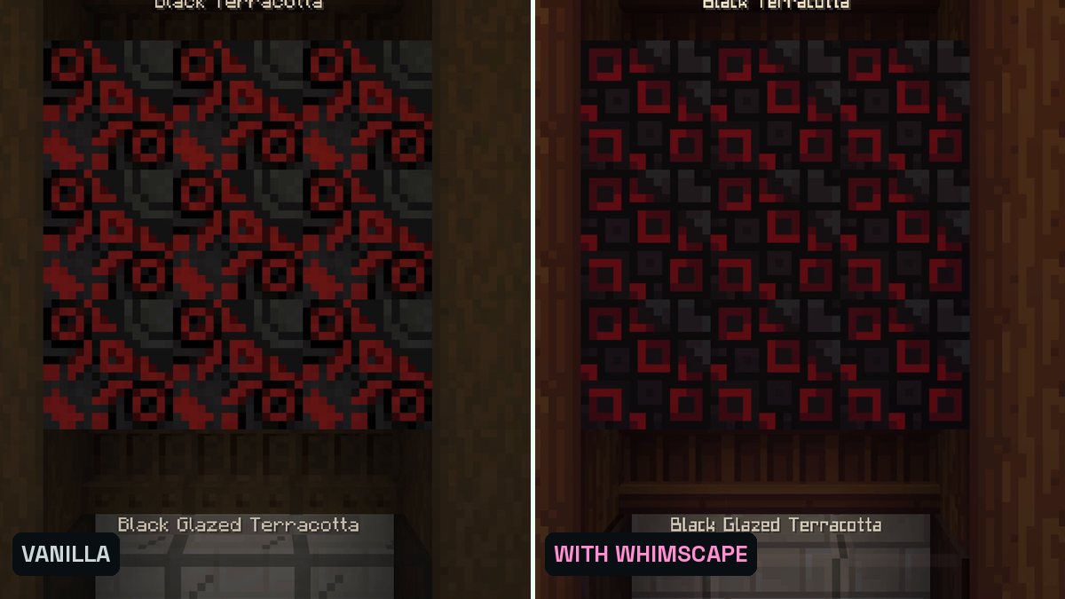 Two Minecraft screenshots side by side of colored wool, concrete and terracotta blocks