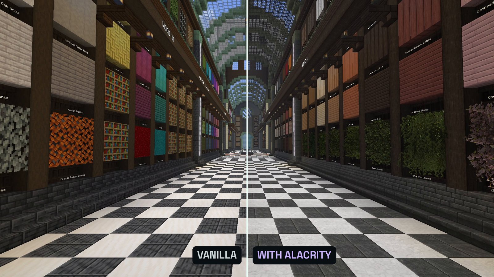 Split Minecraft screenshot of a library wall full of blocks: left half vanilla, right half with a texture pack