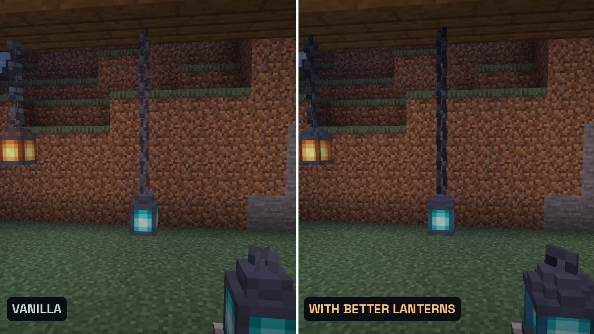 Two Minecraft screenshots side by side of a lantern hanging on a chain, left vanilla, right with a more detailed 3D model