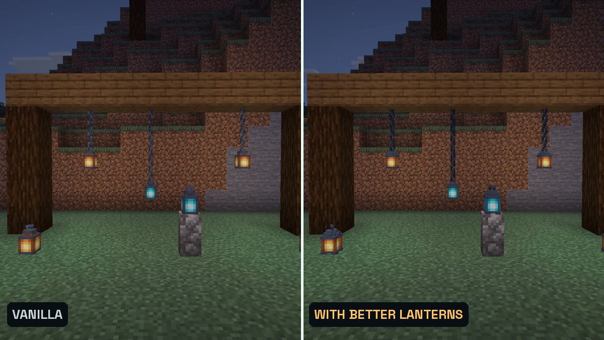 Two Minecraft screenshots side by side of a wooden frame with hanging lanterns and soul lanterns at dusk