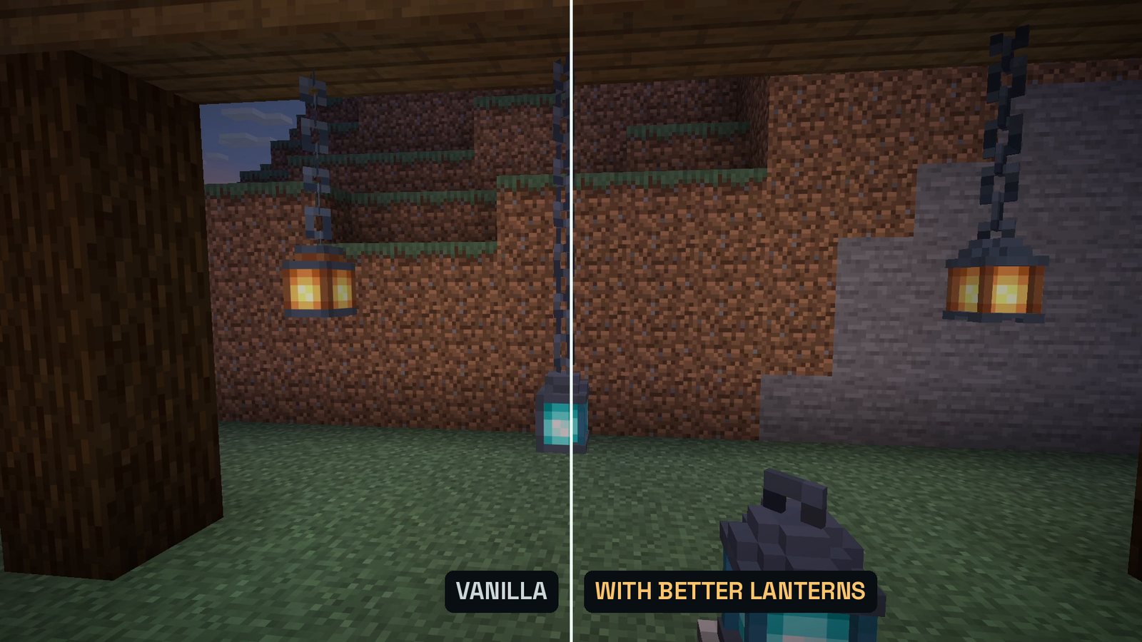 Split Minecraft screenshot of hanging lanterns on chains at dusk: left half vanilla, right half with the Better Lanterns resource pack