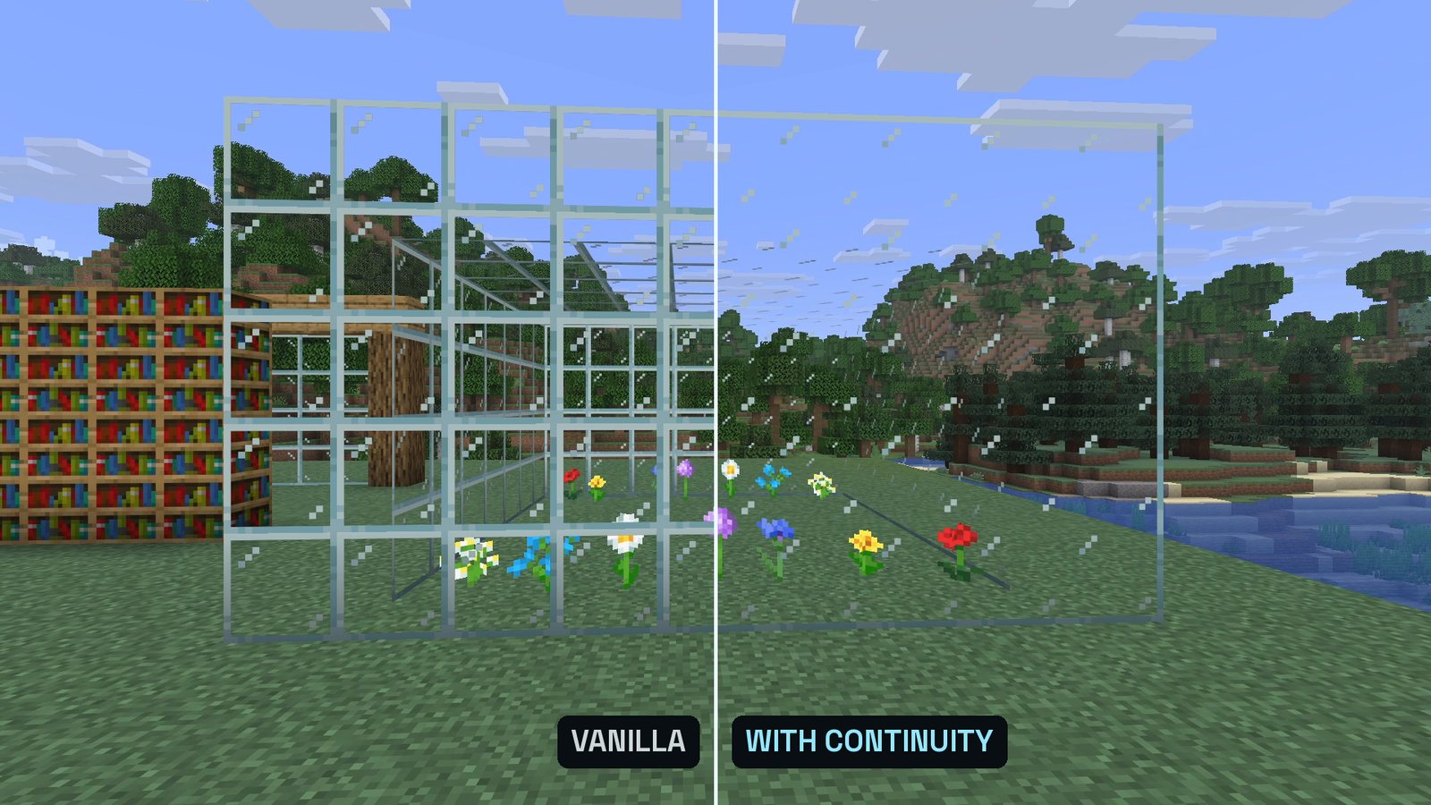 Split Minecraft screenshot of a glass wall: left half vanilla with a grid of frames, right half with Continuity as one clear pane