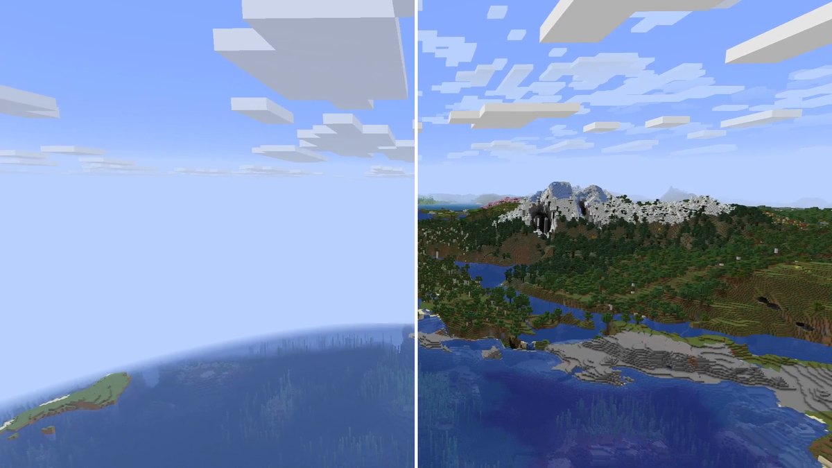 Split Minecraft screenshot over a bay, left fog, right a coastline with mountains
