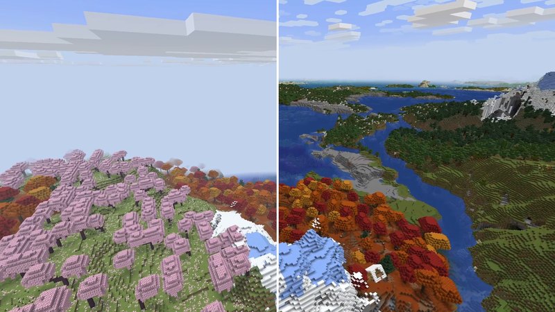 Split Minecraft screenshot of the same flight over a mountain: left vanilla with fog behind the nearby trees, right Distant Horizons with rivers, forests and the sea all the way to the horizon