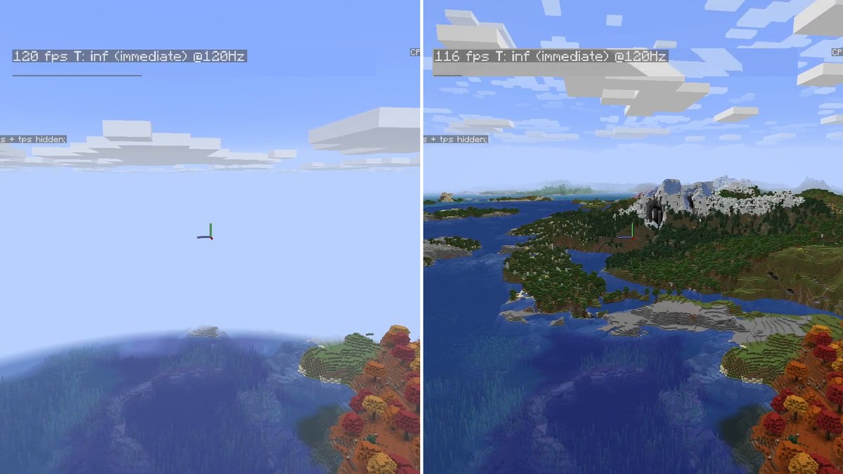 Two Minecraft F3 fps readouts side by side