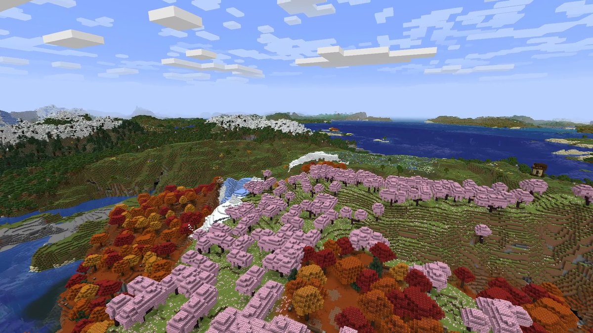 High Minecraft screenshot with Distant Horizons showing forests, a snowy peak and a lake to the horizon