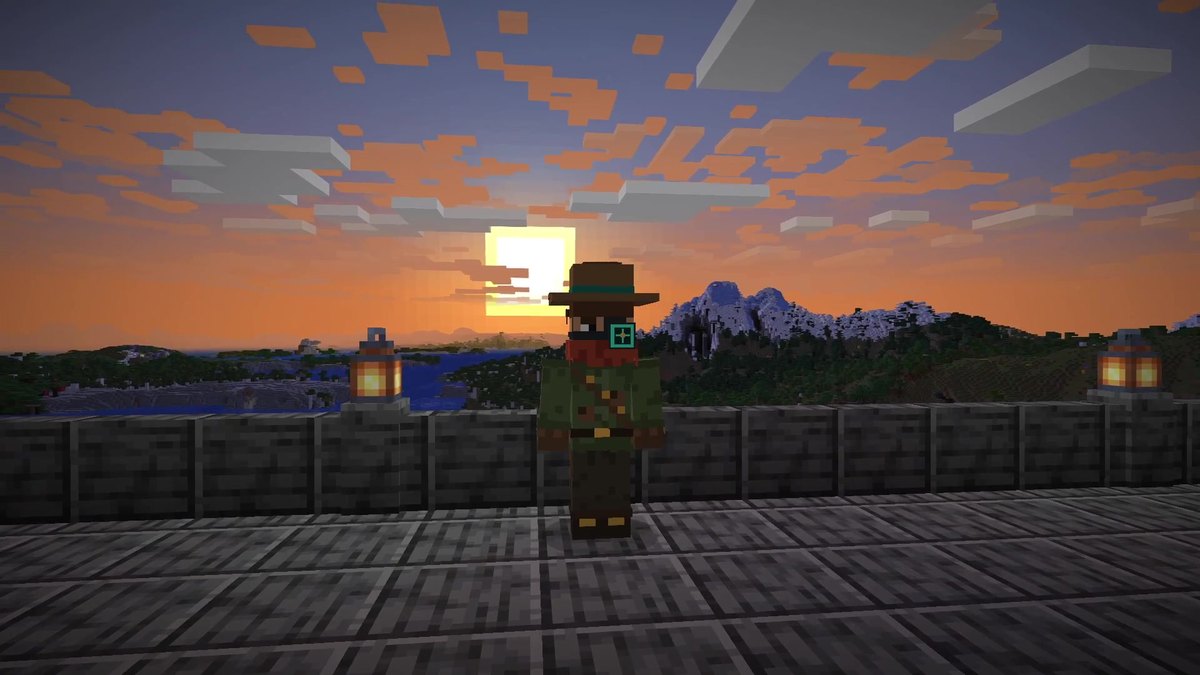 Minecraft screenshot of The Mod Hunter at sunset on a terrace, with the sea and mountains far behind