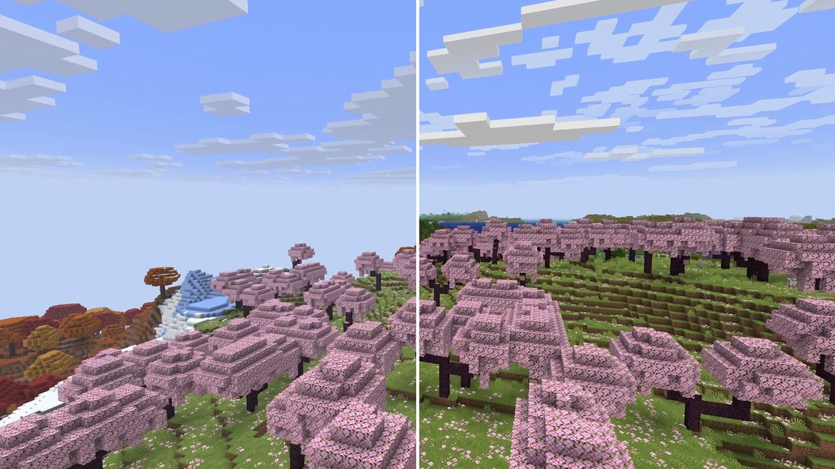 Split Minecraft screenshot low over cherry trees, left fog, right distant hills