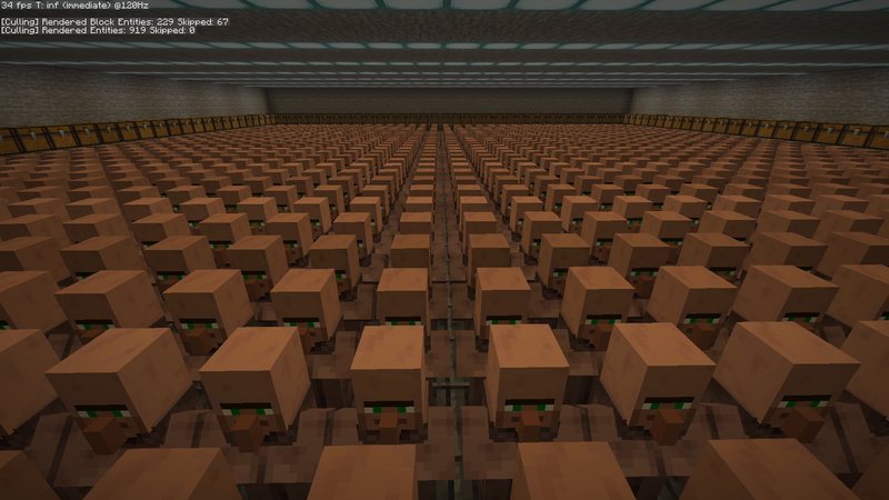 Split Minecraft screenshot of the same mountain view: left vanilla at low FPS, right with Entity Culling at 120 FPS, F3 numbers visible
