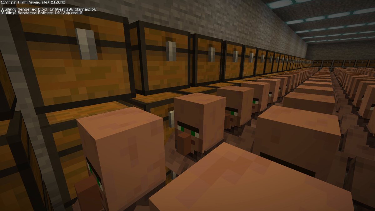 Minecraft screenshot of a wall of chests next to rows of villagers