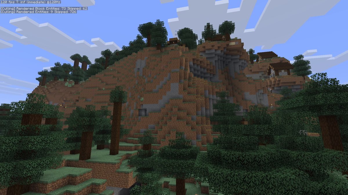Minecraft screenshot of a steep mountain with a taiga village on top, spruce trees in front