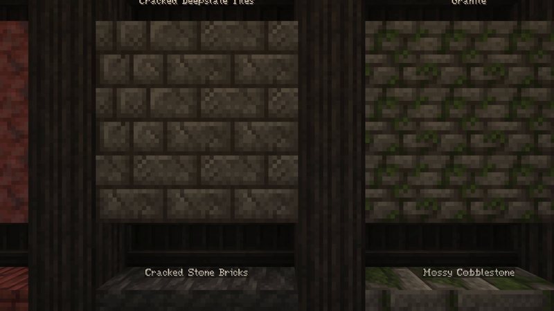 Split Minecraft screenshot of a library wall with stone blocks: left half vanilla, right half with the darker medieval Excalibur textures