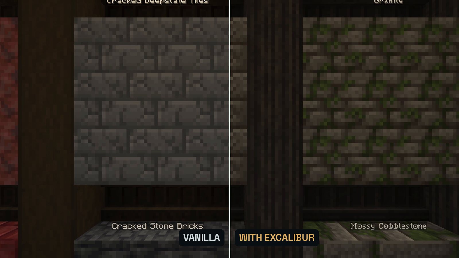Split Minecraft screenshot of a library wall with stone blocks: left half vanilla, right half with the darker medieval Excalibur textures